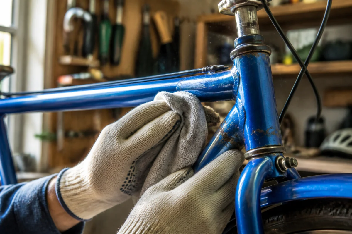 Mains gantées nettoyant délicatement la rouille sur le cadre d'un vélo vintage dans un atelier lumineux.