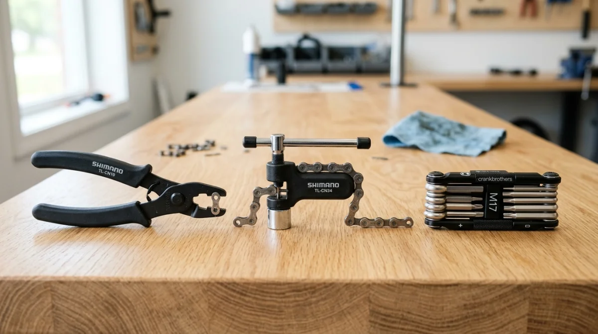 Outils essentiels, pince à maillon et dérive-chaîne, disposés sur un établi pour apprendre comment démonter une chaîne de vélo.
