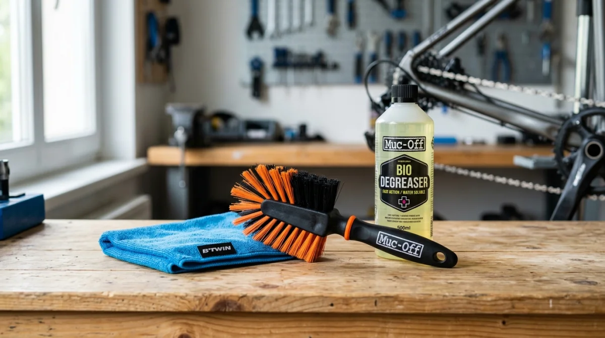 Brosse, chiffon et dégraissant sur un établi pour apprendre comment nettoyer sa chaîne de vélo efficacement.