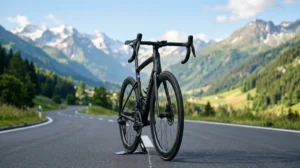 Vélo de course professionnel en carbone sur une route alpine, illustrant combien coûte un vélo du Tour de France.
