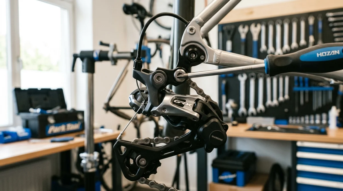 Tournevis cruciforme ajustant la vis de réglage H sur un dérailleur arrière pour bien régler un dérailleur de vélo.