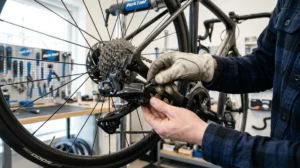 Mécanicien ajustant la molette d'un dérailleur arrière de vélo pour expliquer comment régler un dérailleur vélo.