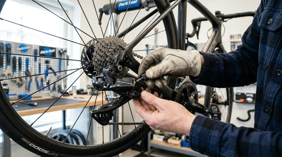 Mécanicien ajustant la molette d'un dérailleur arrière de vélo pour expliquer comment régler un dérailleur vélo.
