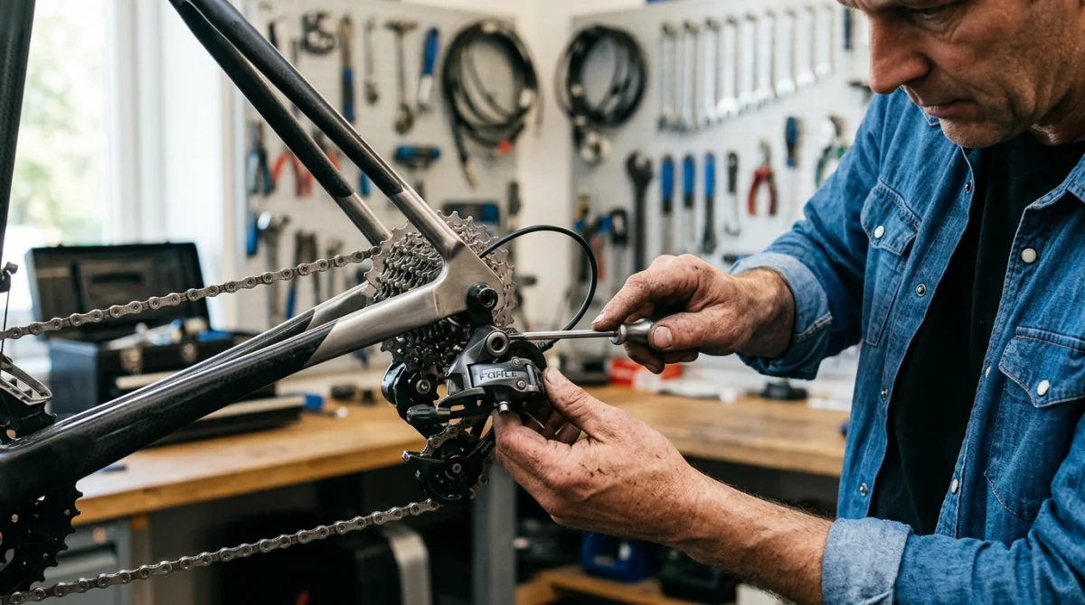 Mécanicien utilisant un tournevis pour régler la vis de butée L du dérailleur arrière d'un vélo.