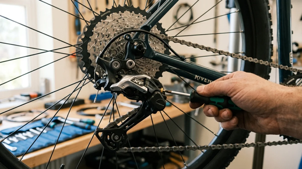 Gros plan sur une main utilisant un tournevis pour régler le dérailleur arrière d'un vélo dans un atelier.