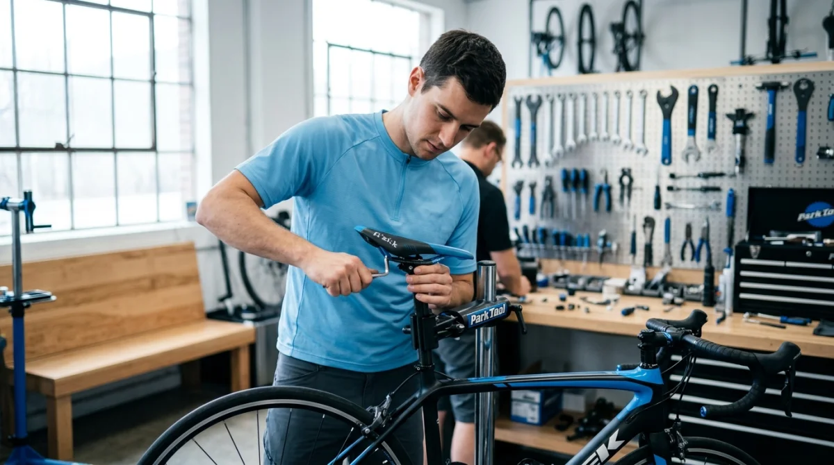 Cycliste en tenue bleue ajustant la selle de son vélo de route dans un atelier professionnel moderne.