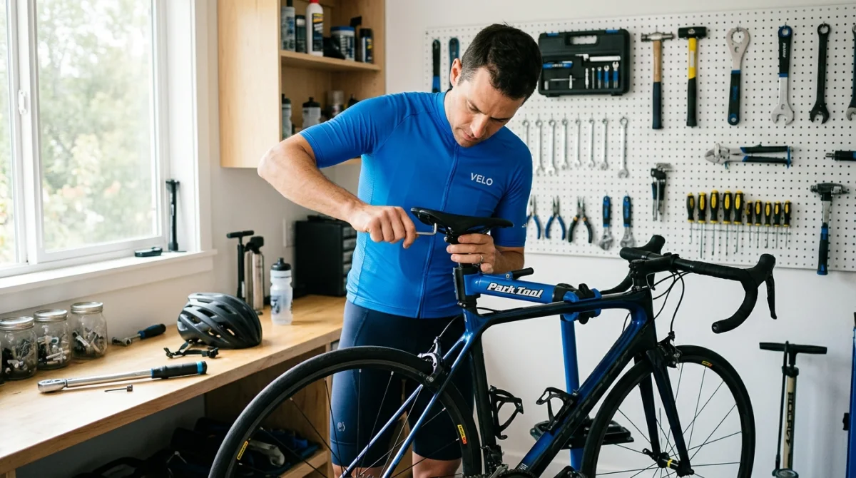 Cycliste ajustant la selle de son vélo dans un garage pour optimiser sa posture face à une sciatique.