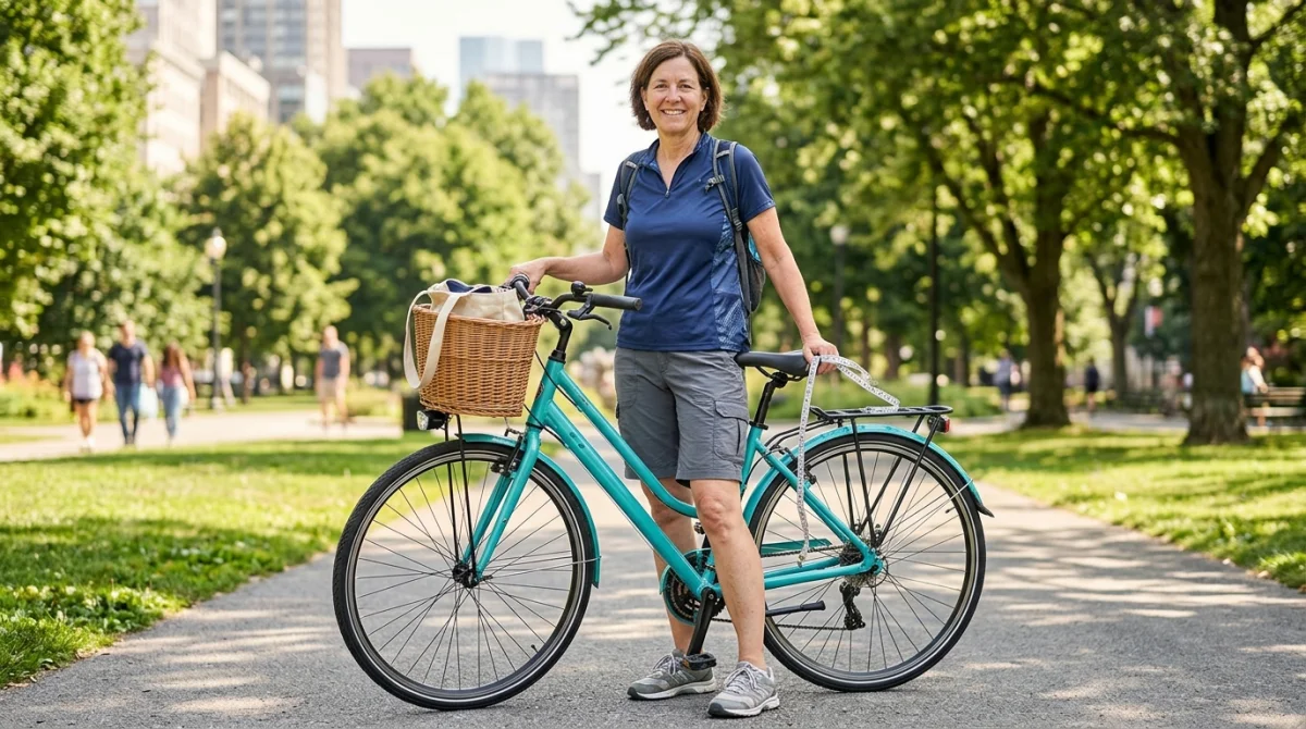 Femme souriante à côté d'un vélo de ville dans un parc pour illustrer quelle taille de vélo pour femme 1m60.