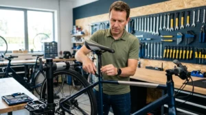 Homme de 1m80 ajustant la hauteur de selle de son vélo urbain dans un atelier professionnel moderne.