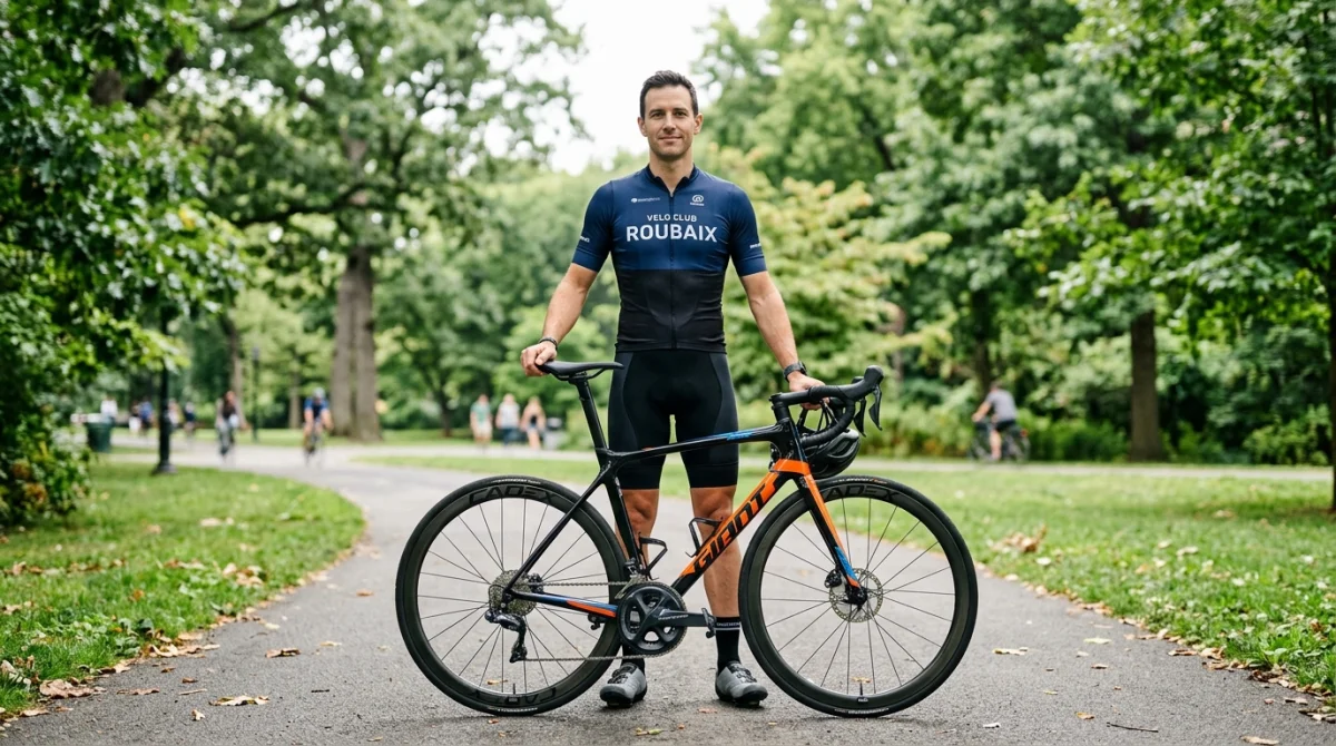 Homme sportif posant avec son vélo de route dans un parc pour choisir la taille idéale 1m80.