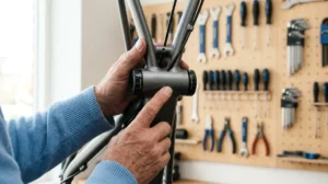 Mains examinant le numéro de série sous le cadre d'un vélo pour savoir si celui-ci est volé.