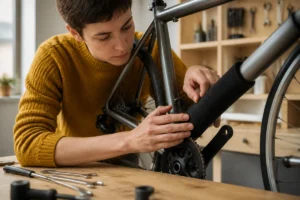 Personne fixant une protection en mousse sur le cadre d'un vélo pour apprendre comment emballer un vélo.