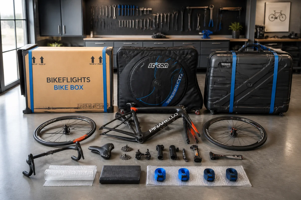 Vélo de route démonté et solutions de transport : carton, housse rembourrée et valise rigide pour emballer un vélo.