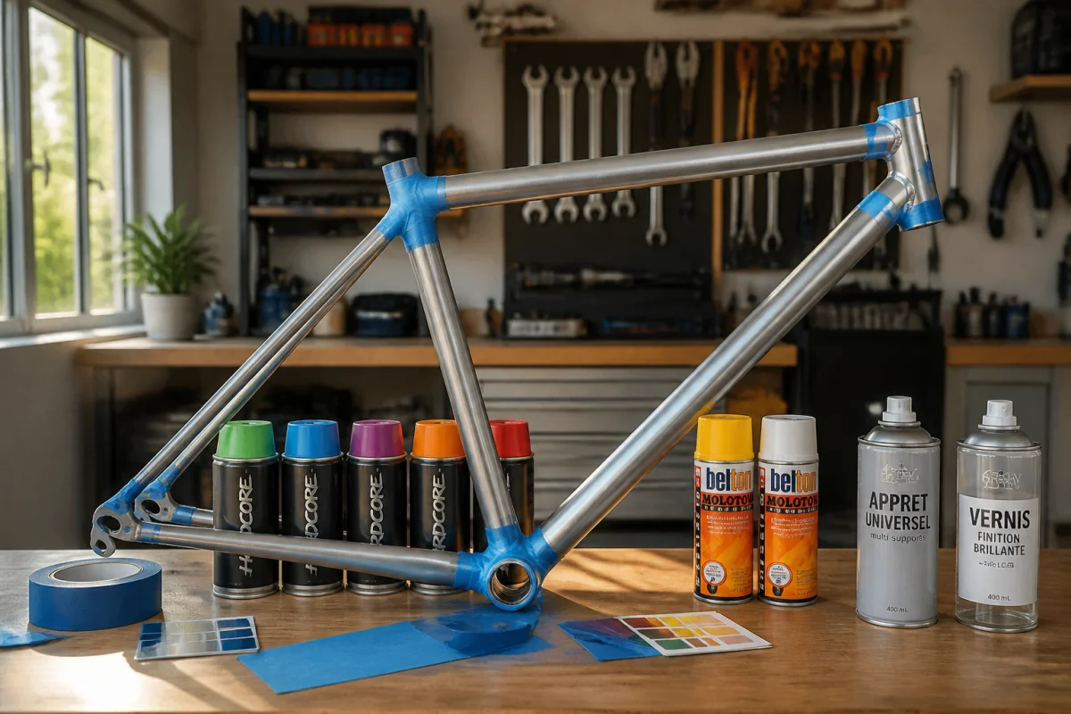 Cadre de vélo sur un établi entouré de bombes de peinture pour apprendre comment repeindre un vélo.