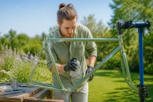 Personne appliquant de la peinture aérosol sur un cadre de vélo vintage dans un jardin, tutoriel comment repeindre un vélo.