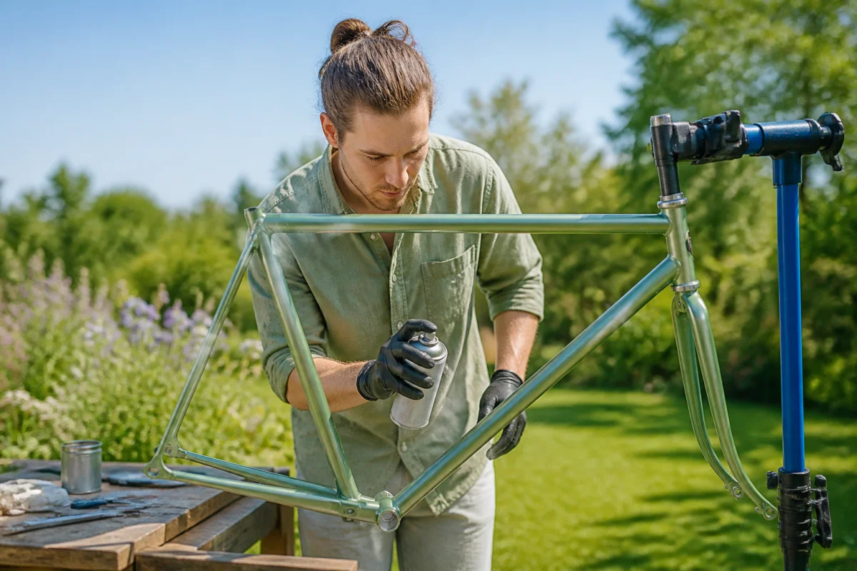 Personne appliquant de la peinture aérosol sur un cadre de vélo vintage dans un jardin, tutoriel comment repeindre un vélo.
