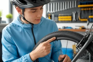 Cycliste examinant le marquage technique sur le pneu pour savoir les pouces d'un vélo dans un atelier.