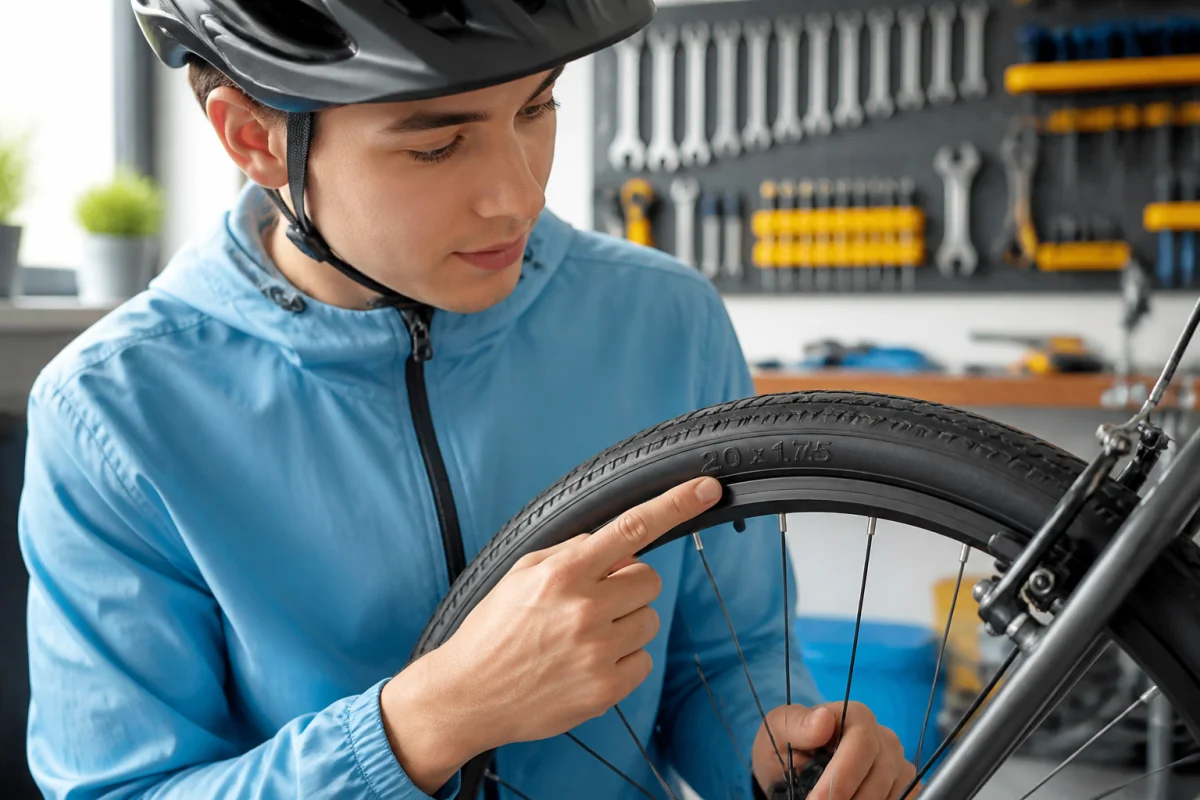 Cycliste examinant le marquage technique sur le pneu pour savoir les pouces d'un vélo dans un atelier.