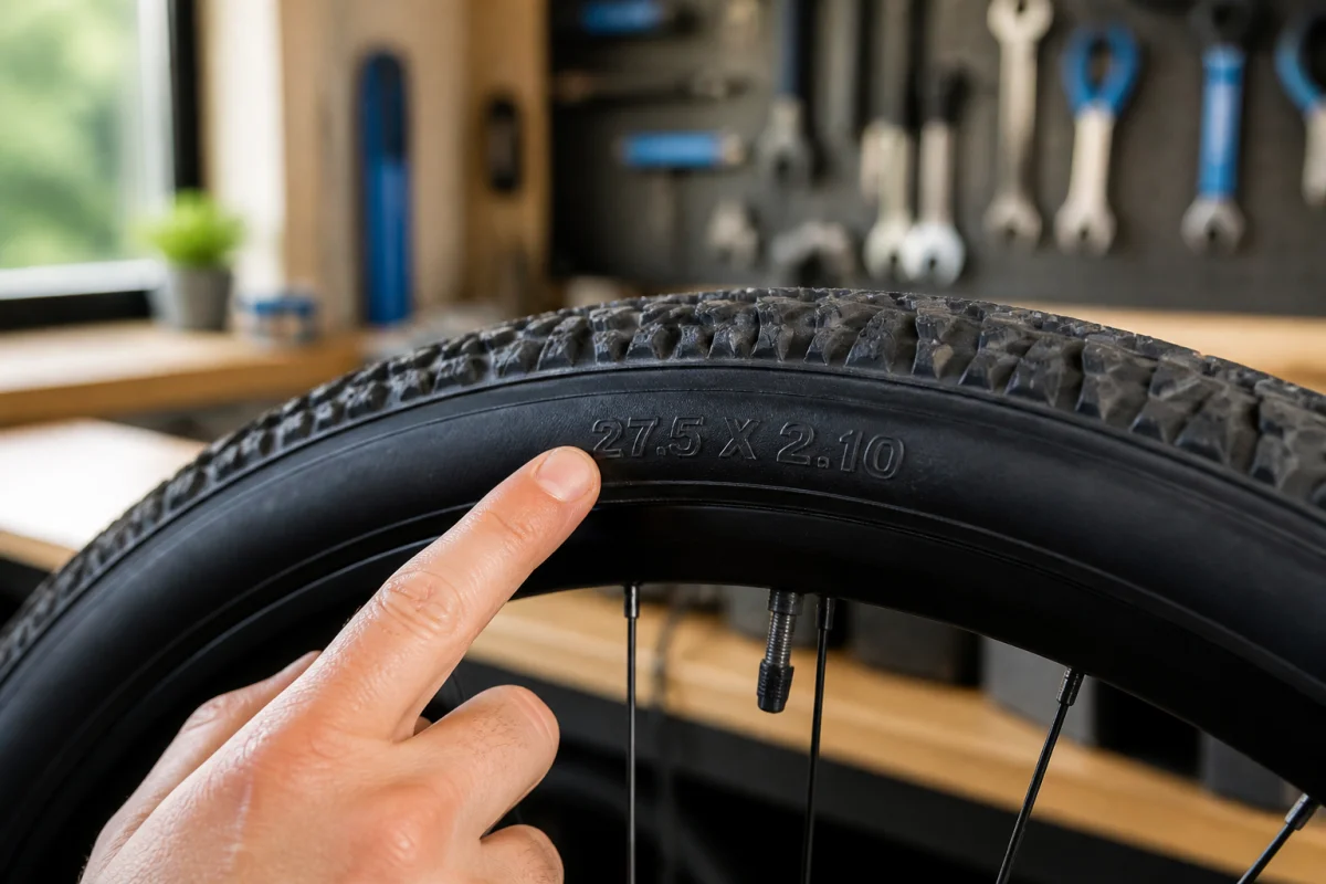 Main pointant les dimensions en pouces gravées sur le flanc d'un pneu pour savoir la taille d'un vélo.