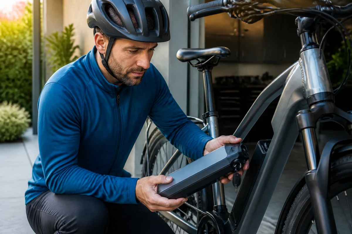 Cycliste urbain vérifiant la batterie amovible de son vélo électrique moderne pour résoudre un problème de démarrage.