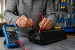 Technicien utilisant un multimètre pour diagnostiquer une panne de batterie sur un vélo électrique Wayscral dans un atelier.