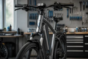 Vélo électrique Moma Bikes dans un atelier, focus sur le bloc batterie intégré pour le diagnostic technique.