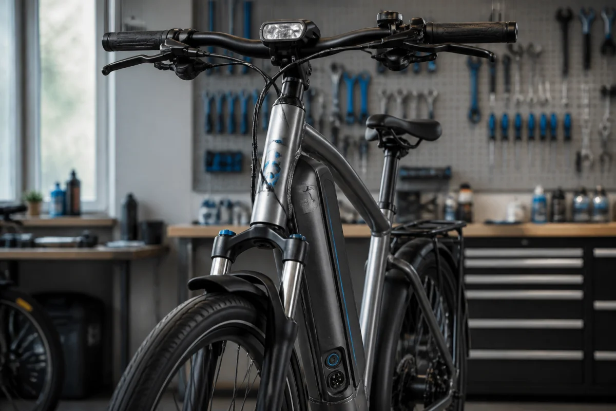 Vélo électrique Moma Bikes dans un atelier, focus sur le bloc batterie intégré pour le diagnostic technique.