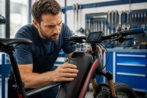Cycliste examinant le boîtier batterie et le panneau de contrôle pour diagnostiquer un problème vélo Neomouv en atelier.
