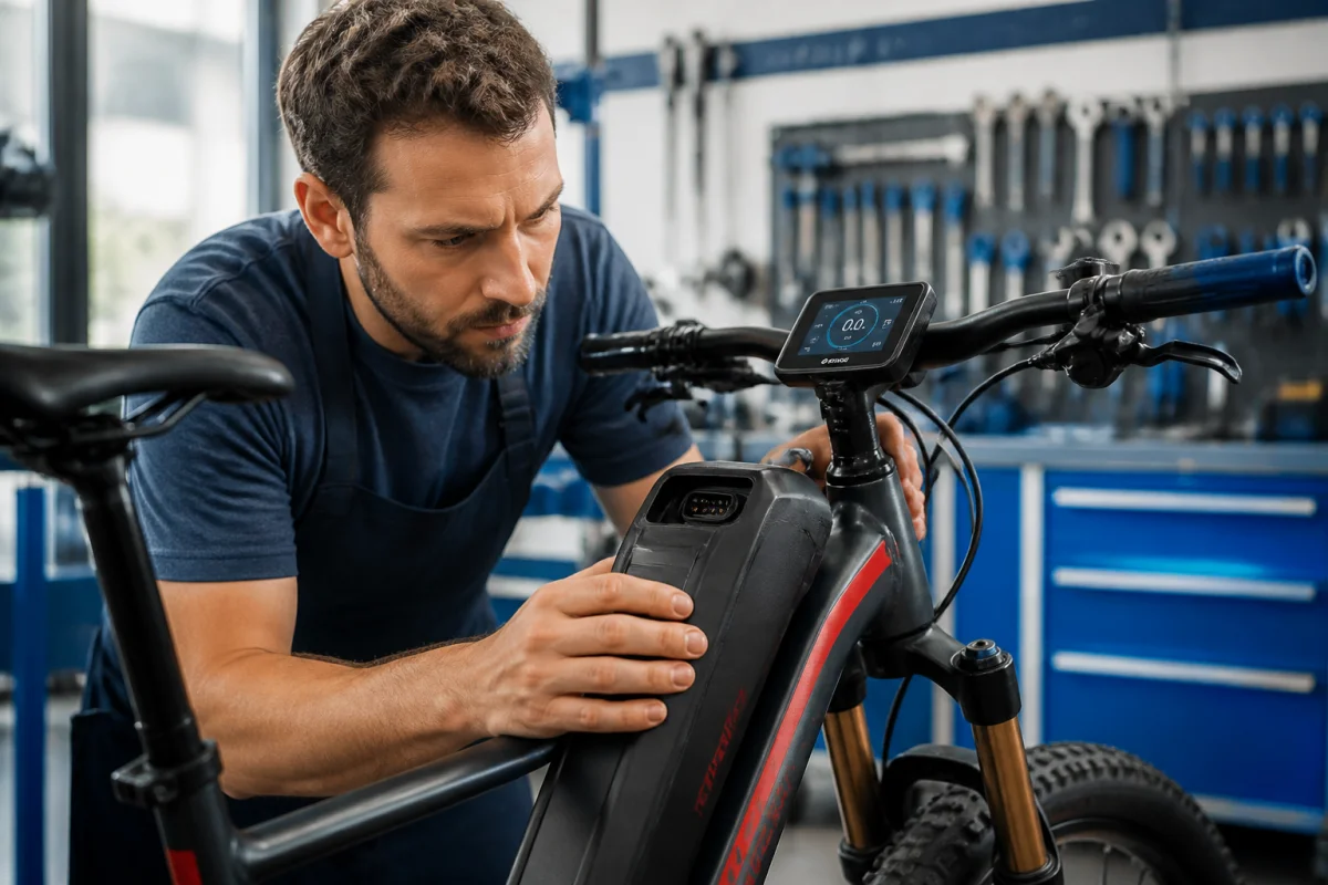 Cycliste examinant le boîtier batterie et le panneau de contrôle pour diagnostiquer un problème vélo Neomouv en atelier.