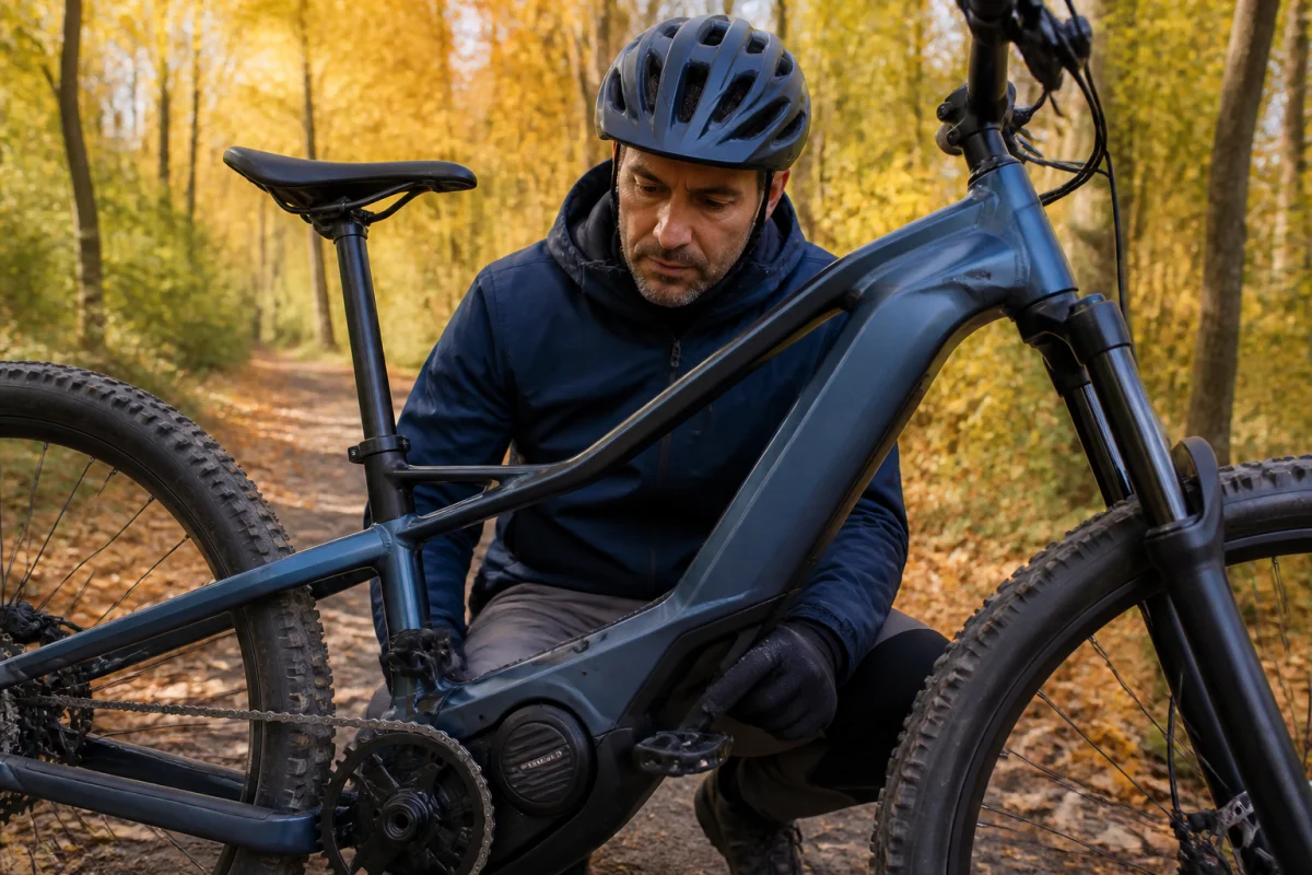 Cycliste observant le moteur au pédalier de son vélo électrique sur un sentier forestier en automne.