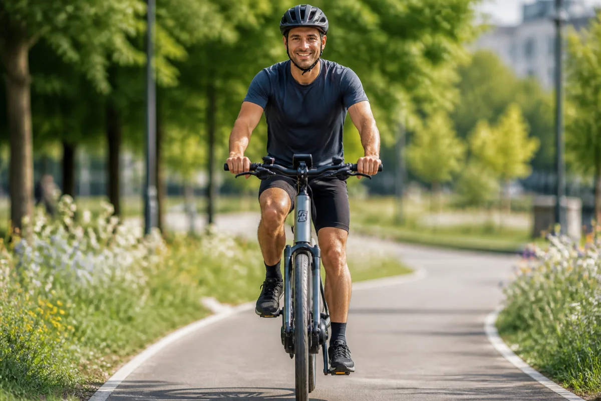 Cycliste souriant sur un vélo électrique moderne, focus sur le moteur intégré pour comprendre comment marche un vélo électrique.
