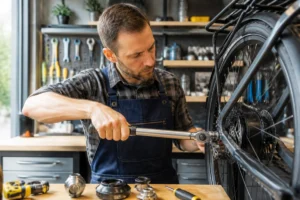 Mécanicien réparant le moteur d'un vélo électrique dans un atelier professionnel pour diagnostiquer un bruit anormal.