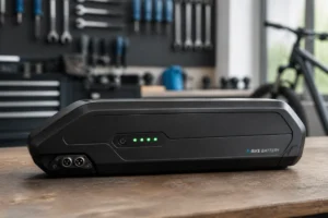 Batterie de vélo électrique moderne dans un atelier, illustrant combien coûte une batterie de vélo électrique en 2026.