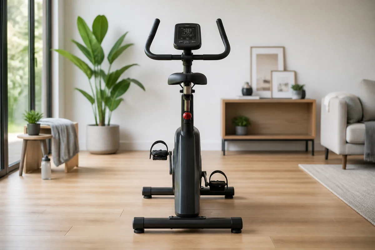Vélo d'appartement moderne et ergonomique dans un salon lumineux pour illustrer combien coûte un vélo d appartement.