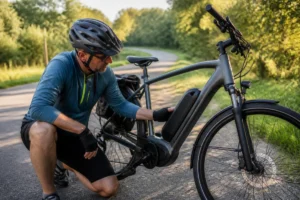 Cycliste examinant la batterie intégrée de son vélo électrique Nakamura en panne sur une route de campagne.