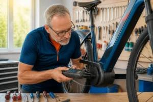 Cycliste examinant le capteur de pédalage d'un vélo électrique Nakamura dans un atelier de réparation bien éclairé.