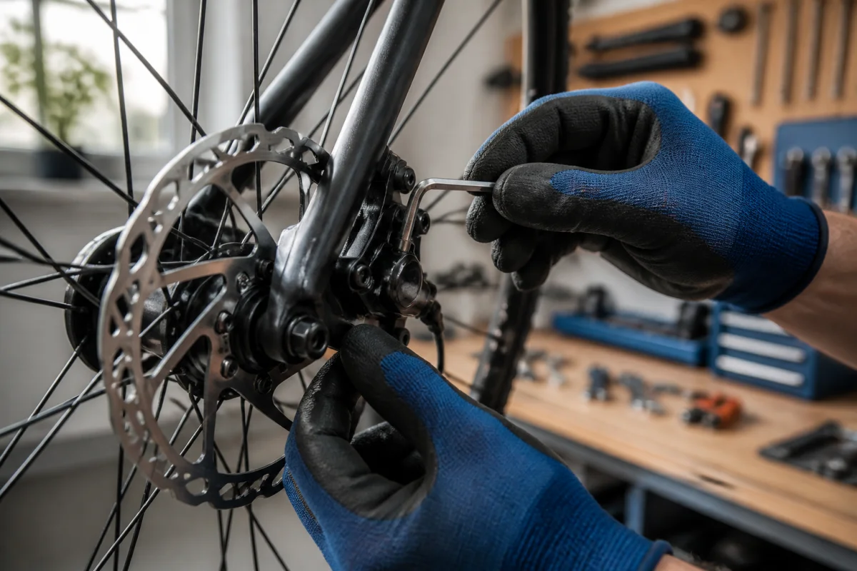 Mains d'un mécanicien utilisant une clé Allen pour régler avec précision un frein à disque de vélo.