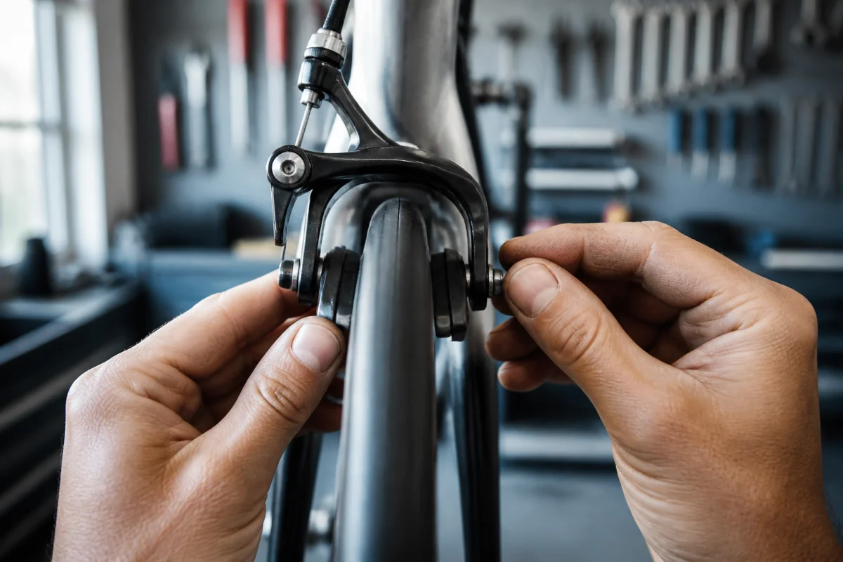 Mains d'un mécanicien ajustant précisément un patin de frein sur la jante pour apprendre comment régler frein vélo.