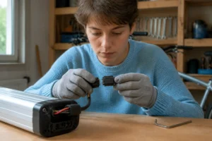 Une personne vérifie le connecteur de batterie de son vélo électrique dans un garage pour résoudre une panne.