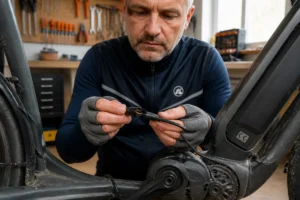 Cycliste examinant le câblage électrique de son vélo pour comprendre pourquoi il se coupe en roulant.