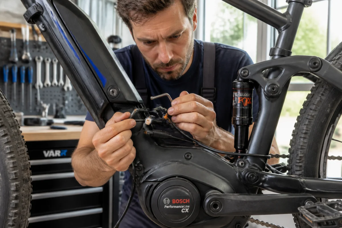 Mécanicien vérifiant le câblage d'un vélo électrique qui fonctionne par accoup dans un atelier de réparation professionnel.