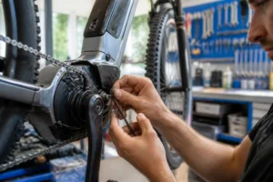 Mécanicien réparant le capteur de pédalage d'un vélo électrique dans un atelier professionnel bien équipé.
