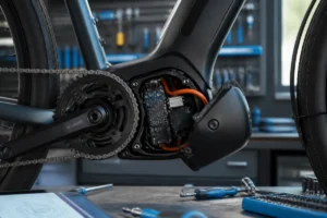 Gros plan sur le moteur ouvert d'un vélo électrique Nakamura dans un atelier pour diagnostiquer une panne technique.