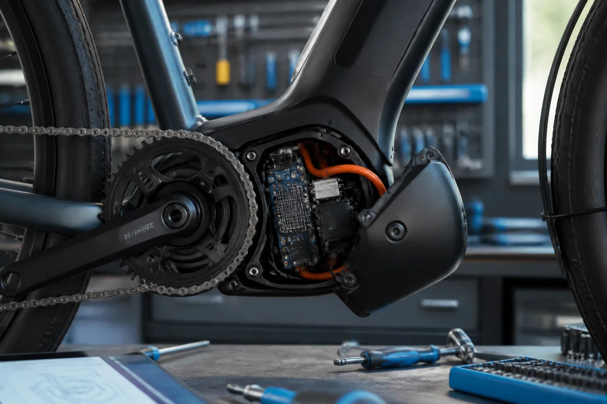 Gros plan sur le moteur ouvert d'un vélo électrique Nakamura dans un atelier pour diagnostiquer une panne technique.