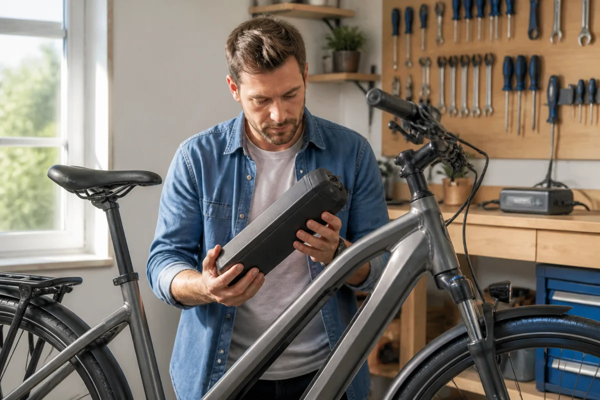 Cycliste examinant la batterie d'un vélo électrique Wayscral dans un garage pour diagnostiquer une panne technique.