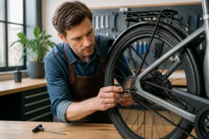 Mécanicien réparant le capteur de vitesse d'un vélo électrique qui fonctionne par accoup dans un atelier spécialisé.