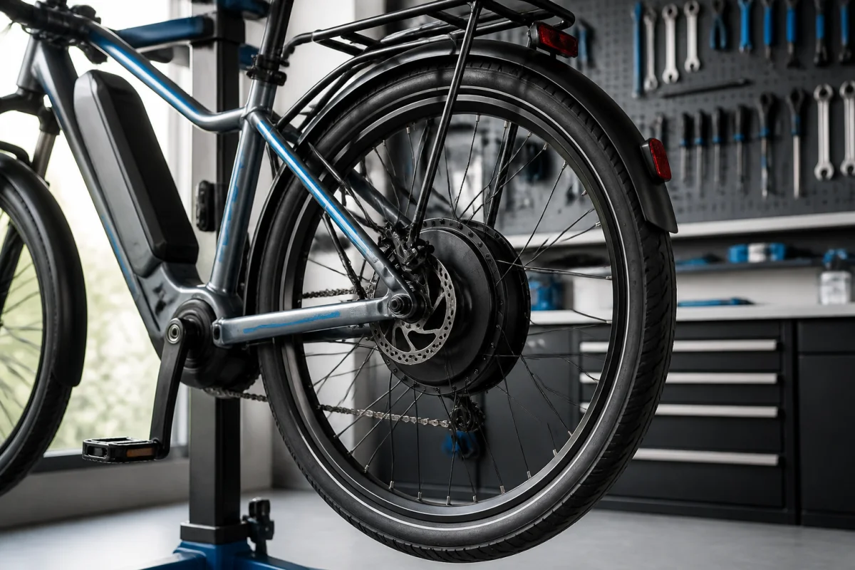 Vélo électrique sur support d'atelier avec gros plan sur le moteur intégré dans la roue arrière.