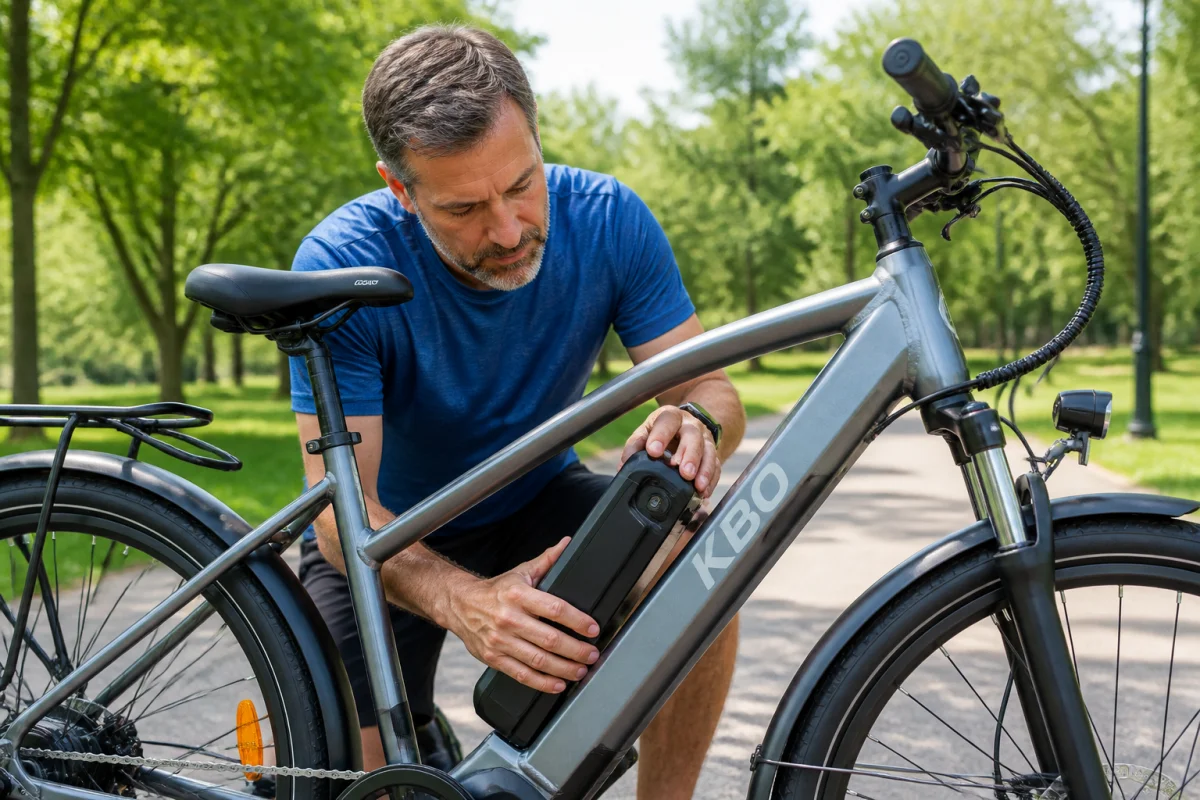 Cycliste examinant la batterie de son vélo électrique dans un parc pour comprendre pourquoi il se coupe en roulant.