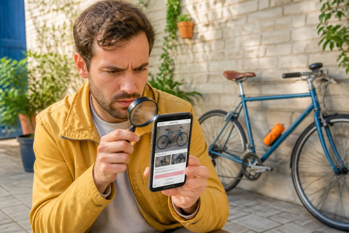 Acheteur vérifiant une annonce de vélo d'occasion pas cher sur smartphone pour éviter une arnaque