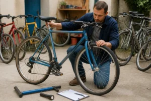 Acheteur inspectant freins, chaîne et cadre d’un vélo d’occasion pour un achat pas cher sans arnaque
